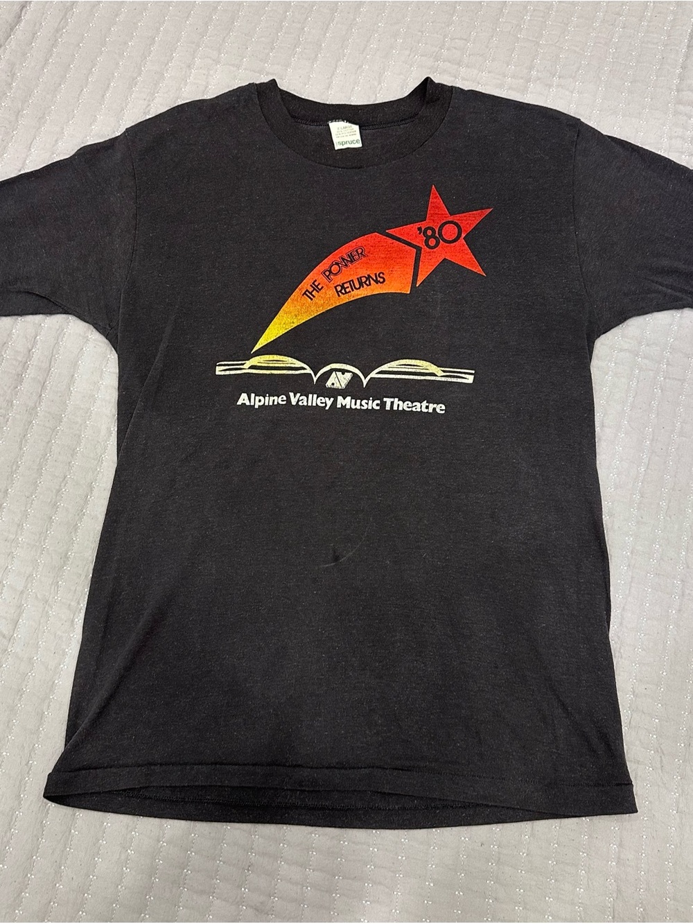 Vintage Black Short Sleeve  Tee with Red Star and Yellow-Orange Comet Graphic-